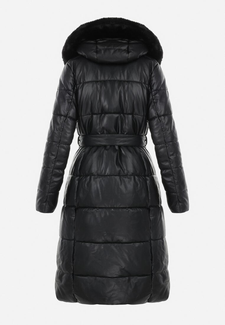 Women's winter coat long puffer jacket in black color for women with belt and