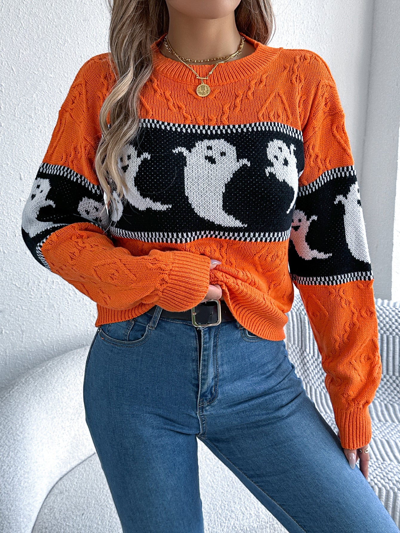 Women Ghost Color Block Long Sleeve Pullover Sweater