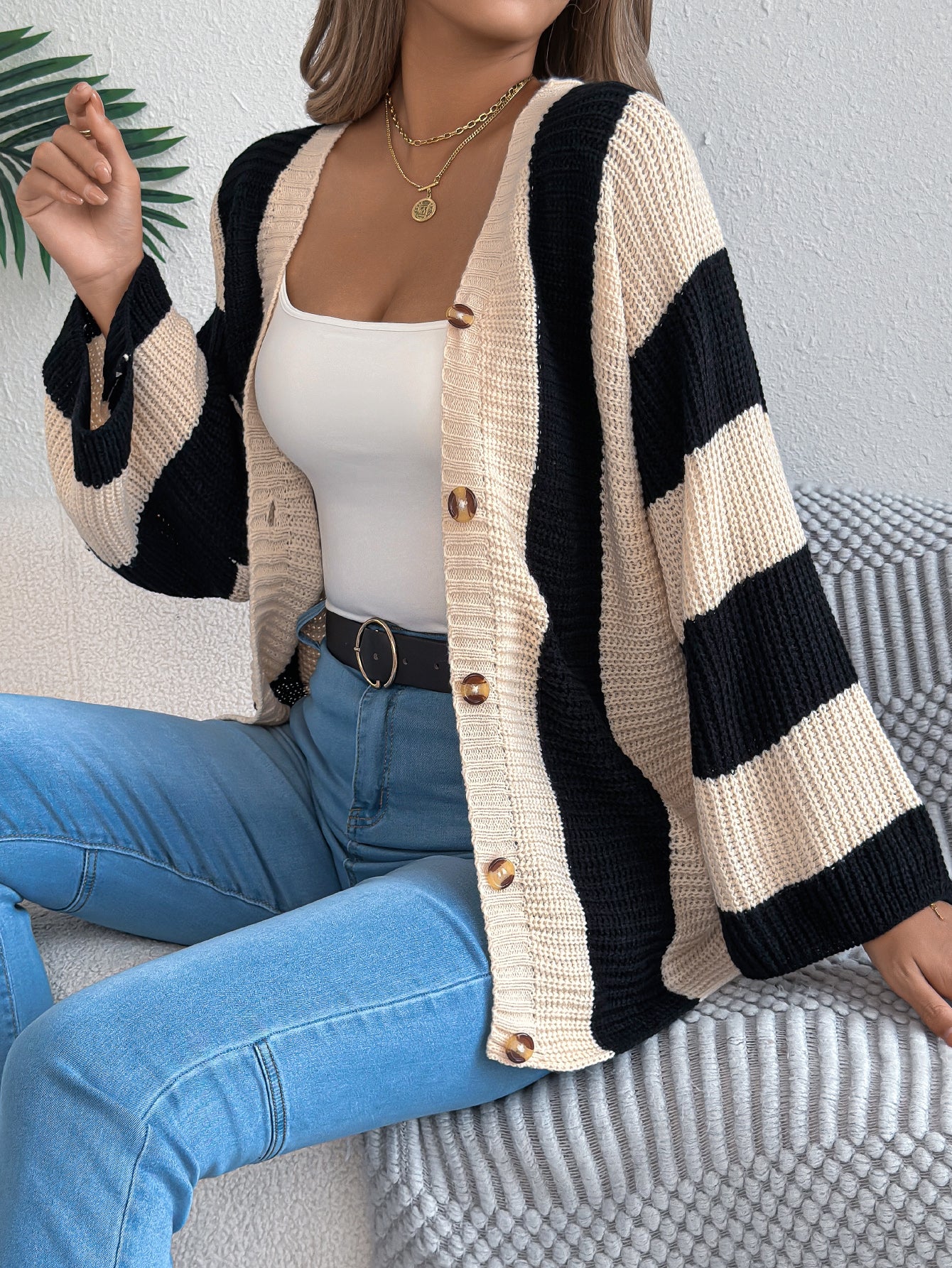 Women Color Block Stripe Bell Sleeve Long Sleeve Cardigan Sweater Coat