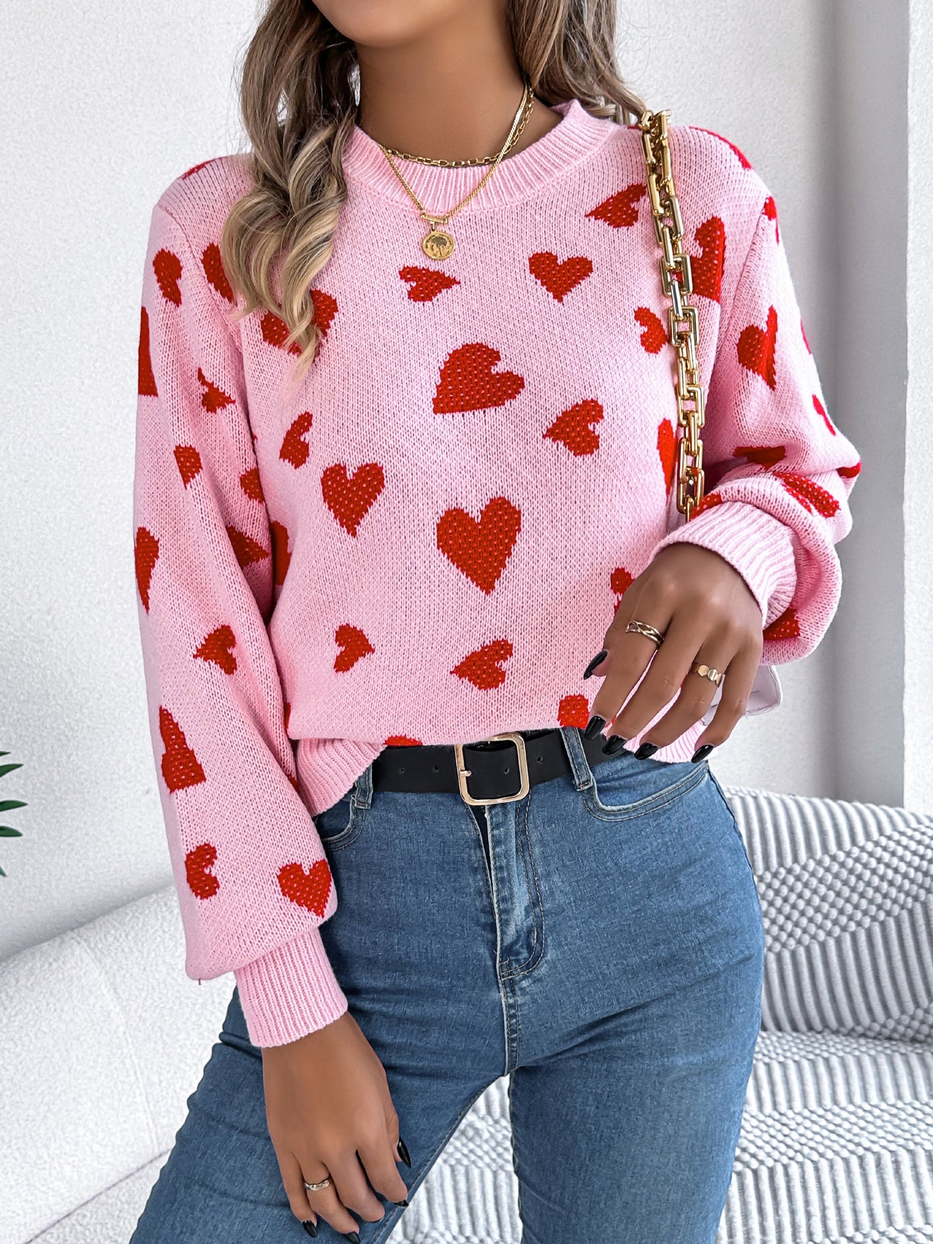 Women Casual Color Block Heart Lantern Sleeve Pullover Sweater