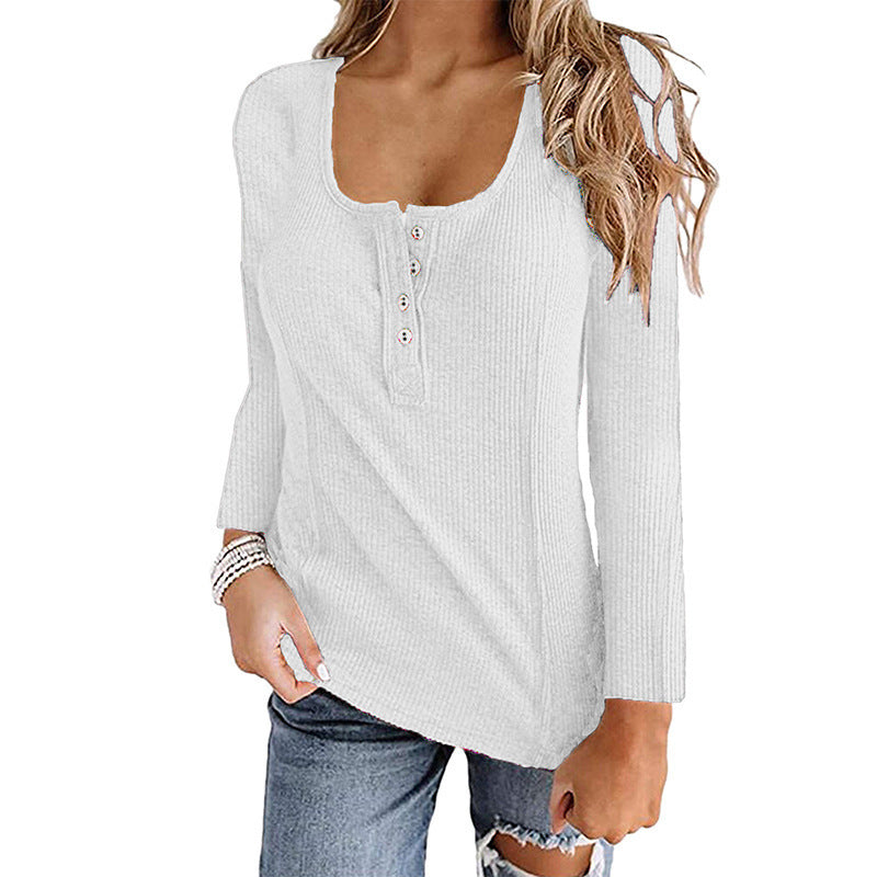Button Solid Color Long-sleeved Top Female