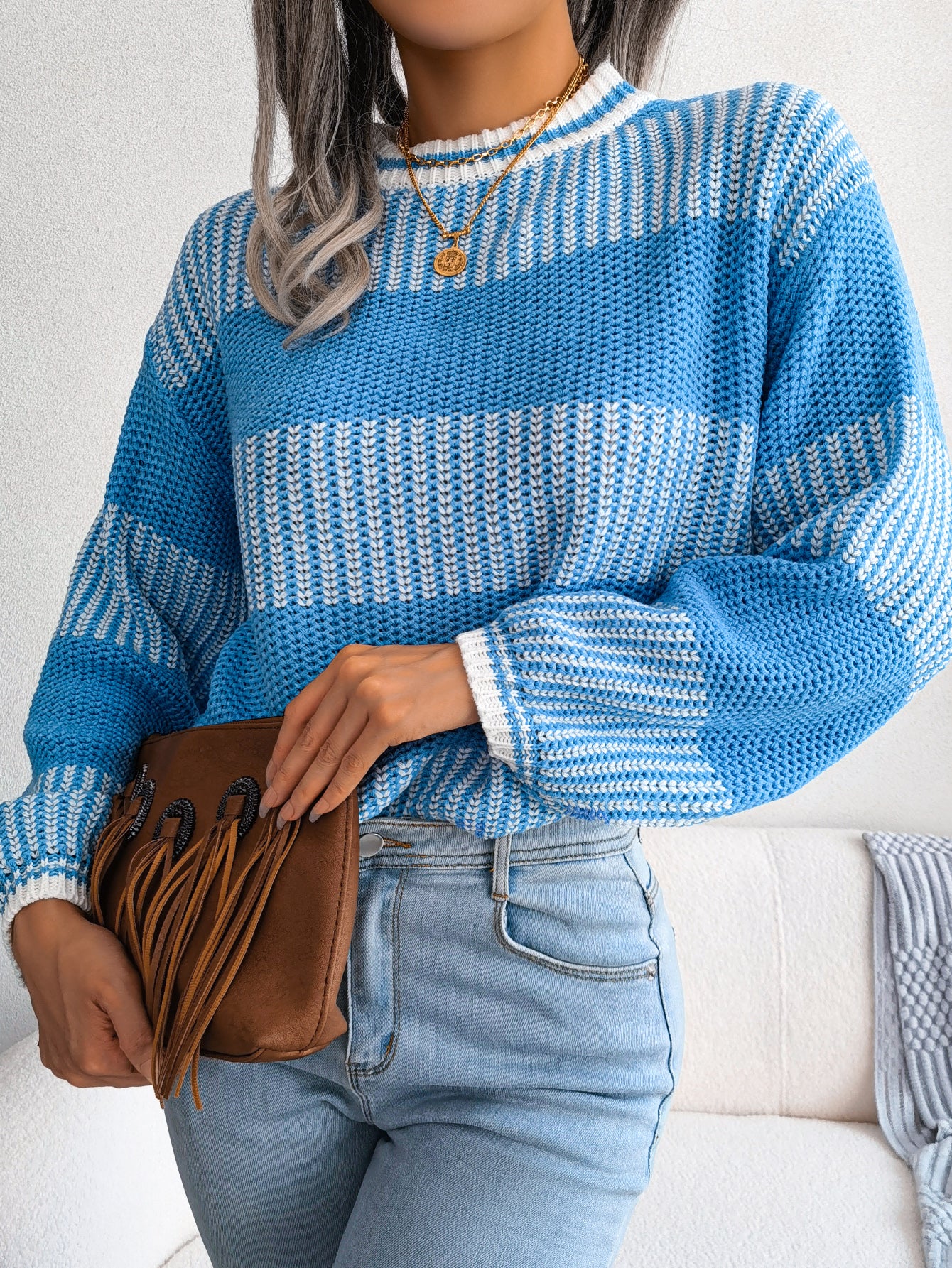 Women Casual Color Block Stripe Long Sleeve Knit Sweater