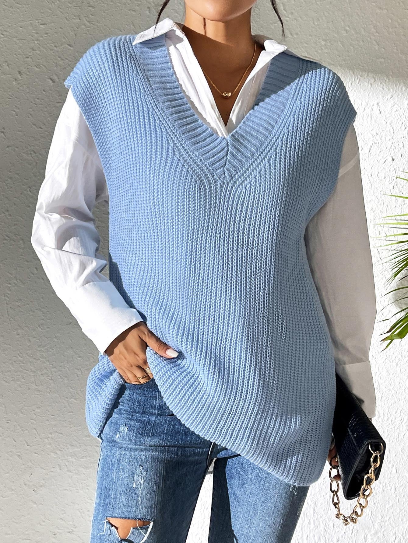 Solid Color Women's Vest V-Neck Simple Casual Knit Sweater Vest