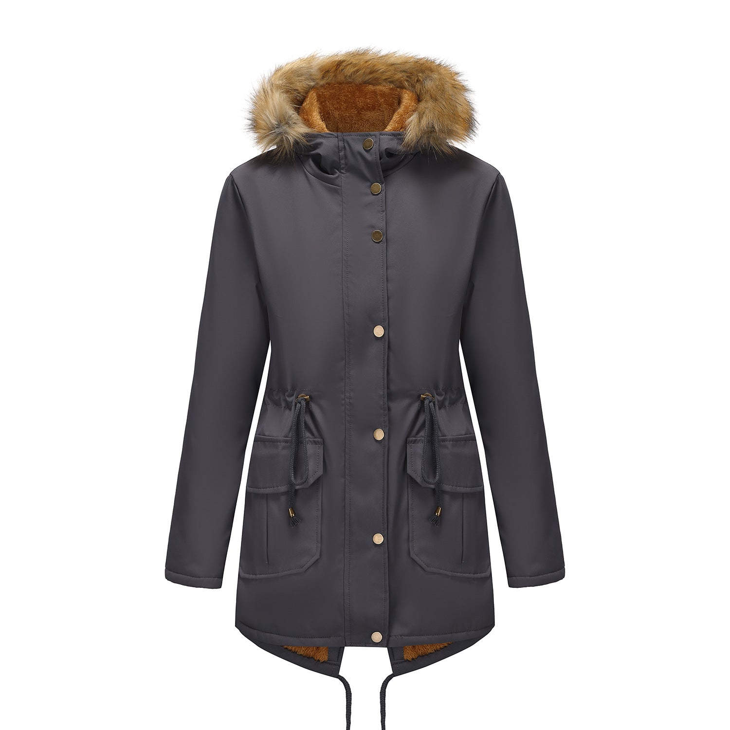 Hooded Women's Mid-Length Padded Coat with Fur Collar and Defined Waist