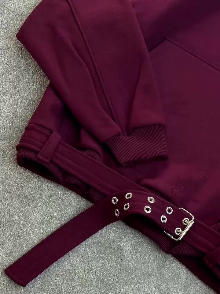 Burgundy Oversize Hoodie with Side Belt for men
