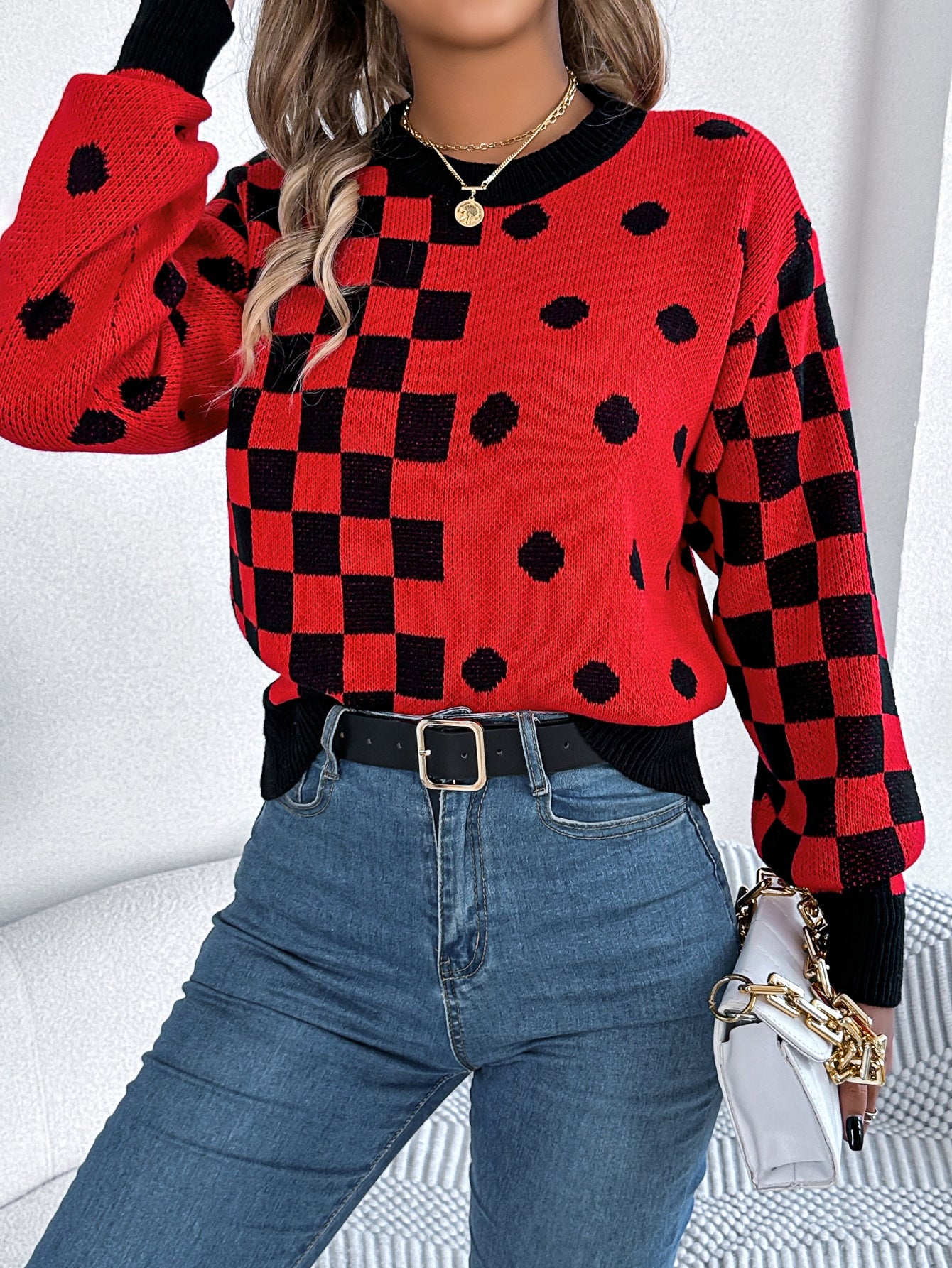 Women Casual Color Block Polka Dot Plaid Lantern Sleeve Pullover Sweater