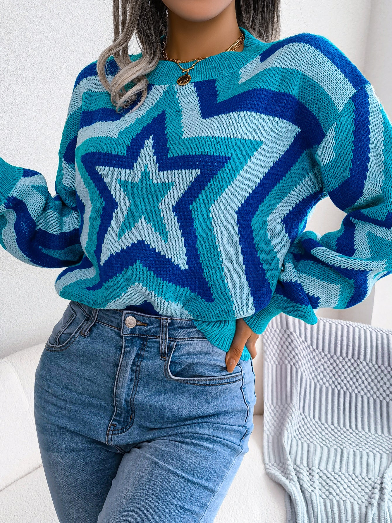 Women Fashion Color Block Star Long Sleeve Pullover Sweater