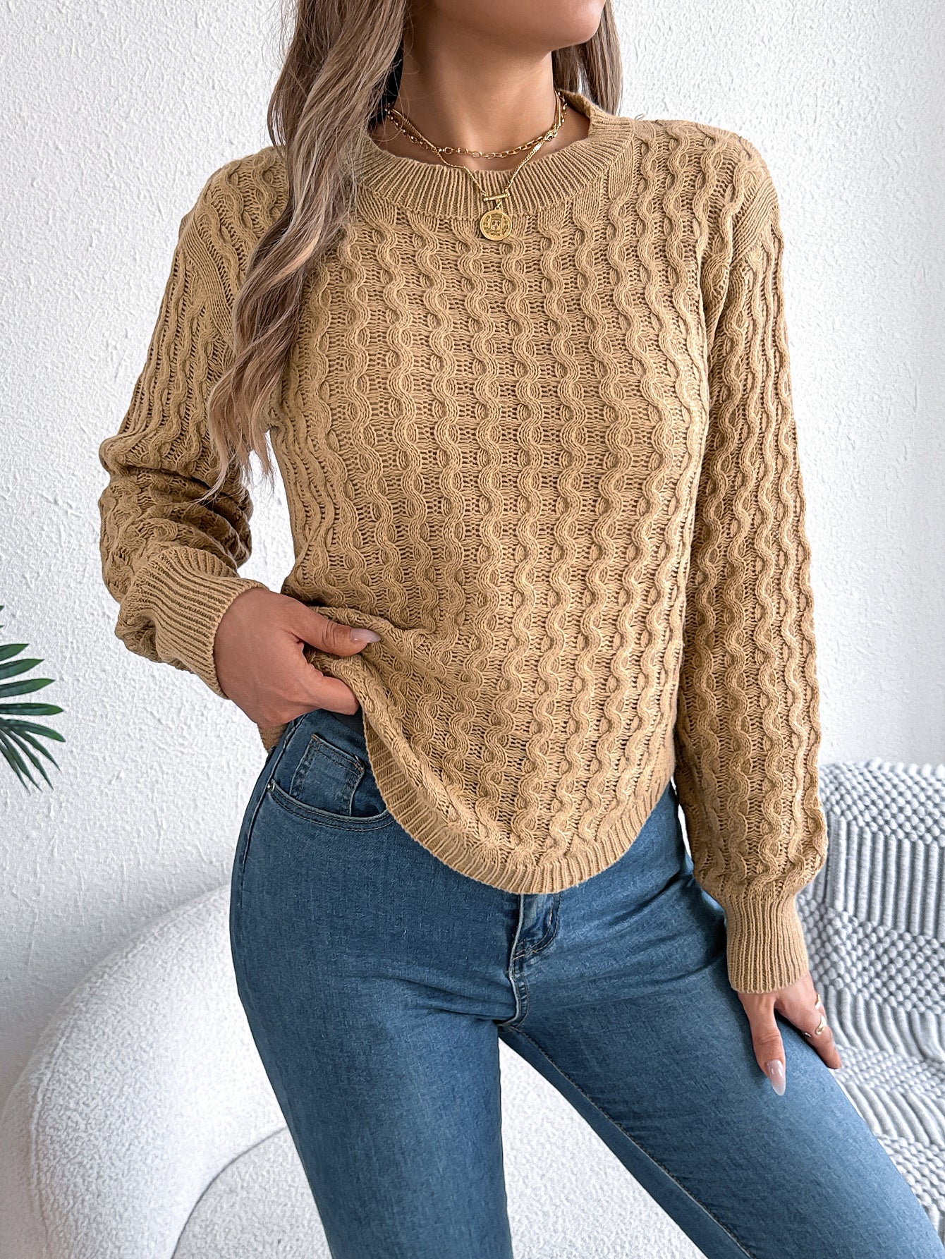 Women Casual Solid Color Cable Knit Lantern Sleeve Irregular Pullover Sweater