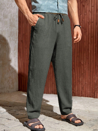 Men's Casual Cotton And Linen Drawstring Trousers Breathable Casual Versatile