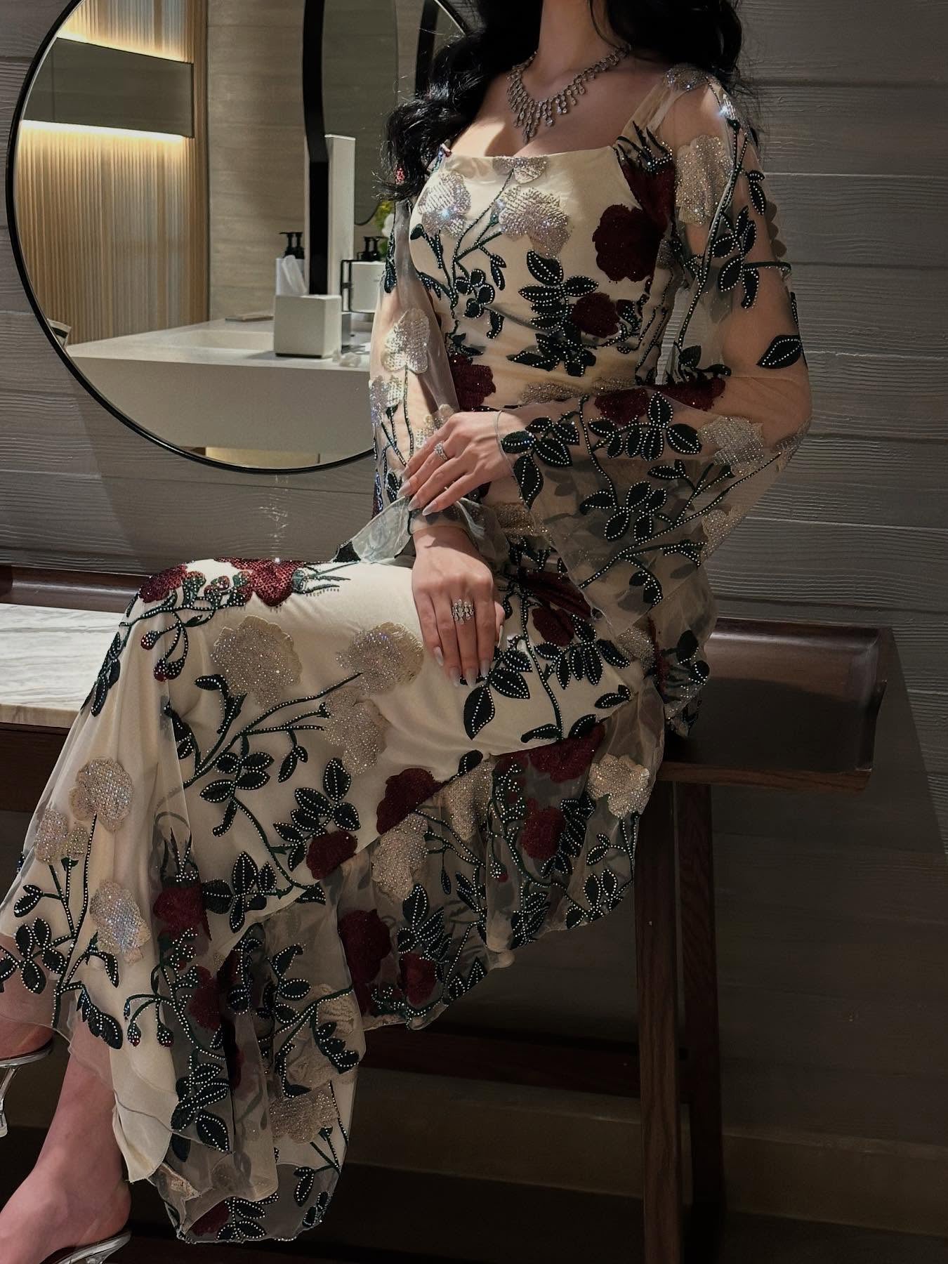 Mesh Floral Embroidered Long-sleeved Dress
