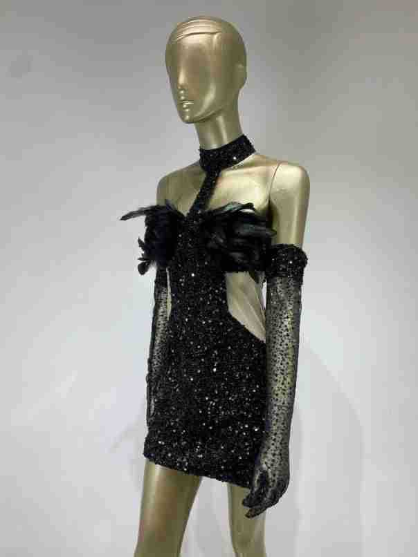 Dress Halter Feather Sequins Short Hip Skirt with Gloves Dress for women
