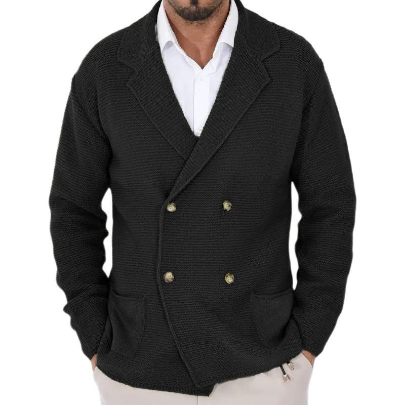 Cardigan Lapel Sweater Coat for Men Fall Winter Slim Double Breasted Sweaters Business Casual Style Lightweight Tops