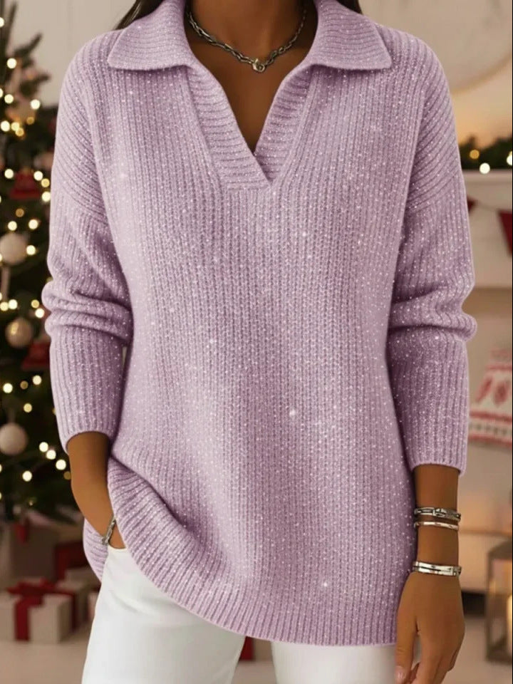 New Solid-color Long-sleeve Top Shimmering Sweater
