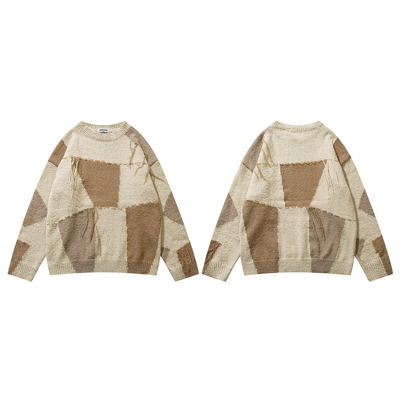 Plaid Tassel Oversize Lazy Wind Sweater for men