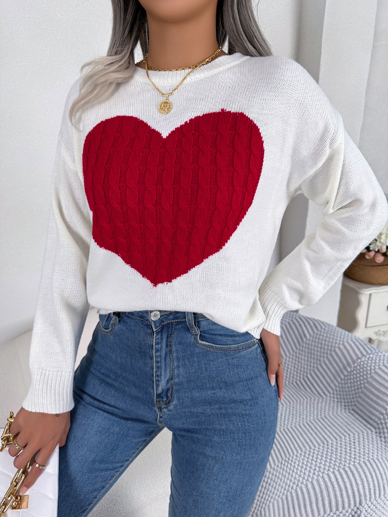 Women Cable Knit Heart Long Sleeve Pullover Sweater