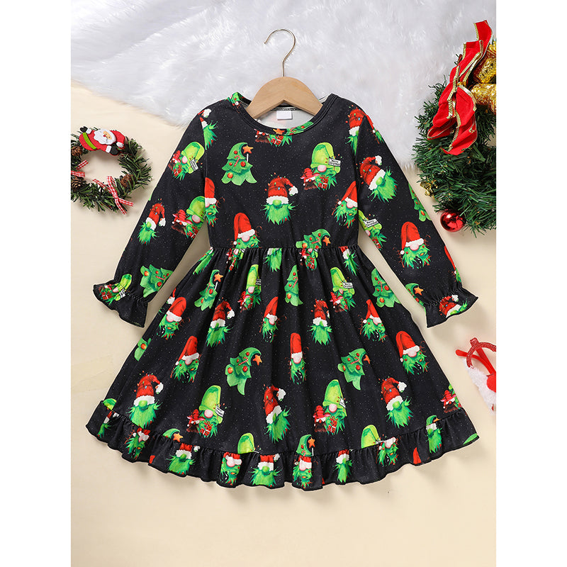 Toddler Kids Baby Girl Christmas Dress Outifts, Long Sleeves Cartoon Prints Party Dress With Heart Print Vest Coat Xmas Clothes Set