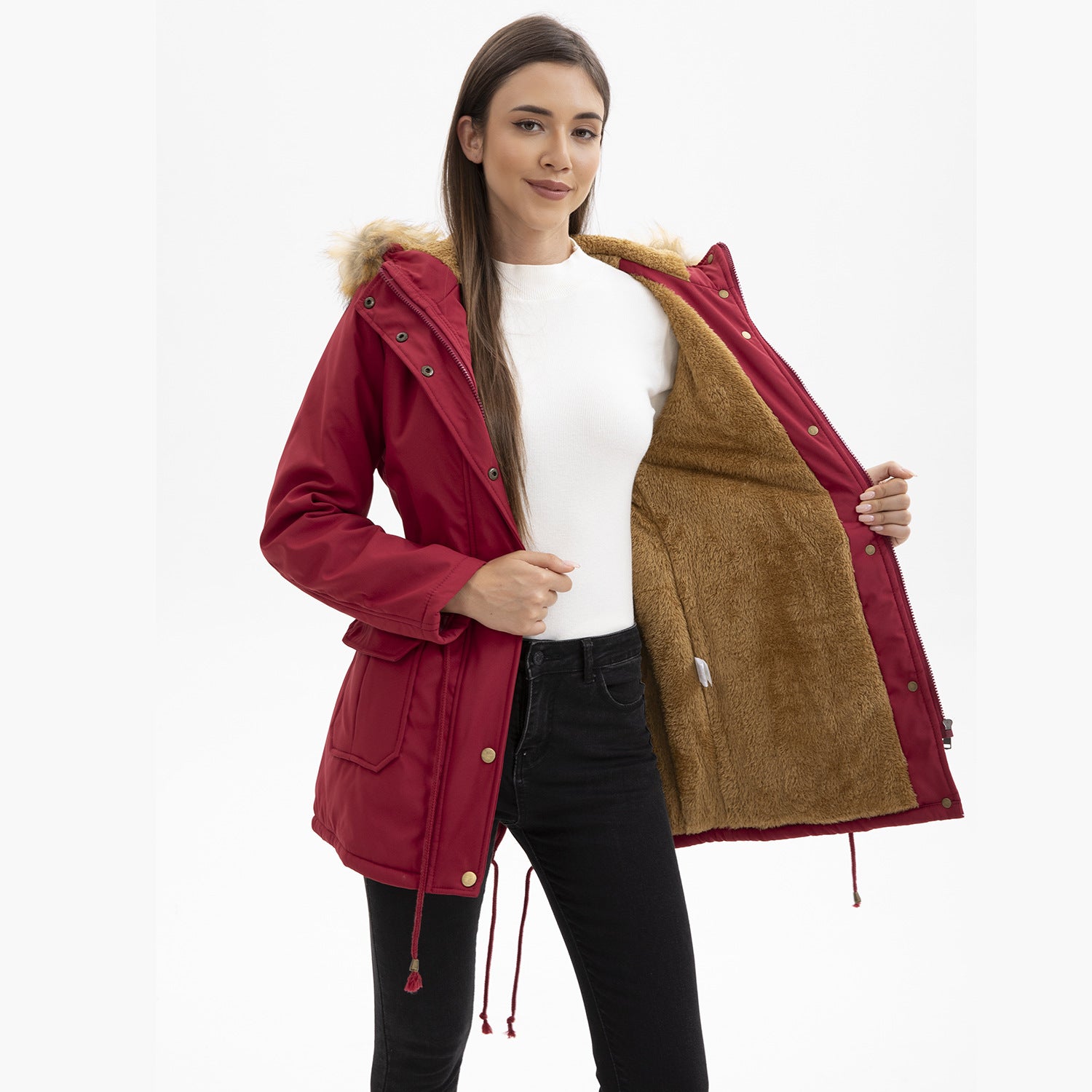 Hooded Women's Mid-Length Padded Coat with Fur Collar and Defined Waist