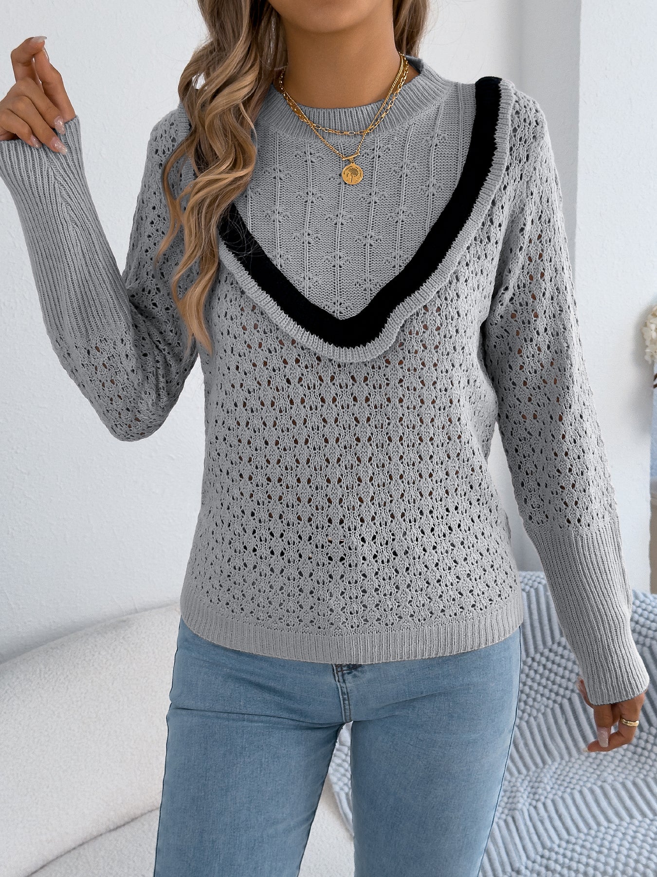 Women Ruffled Long Sleeve Pullover Sweater