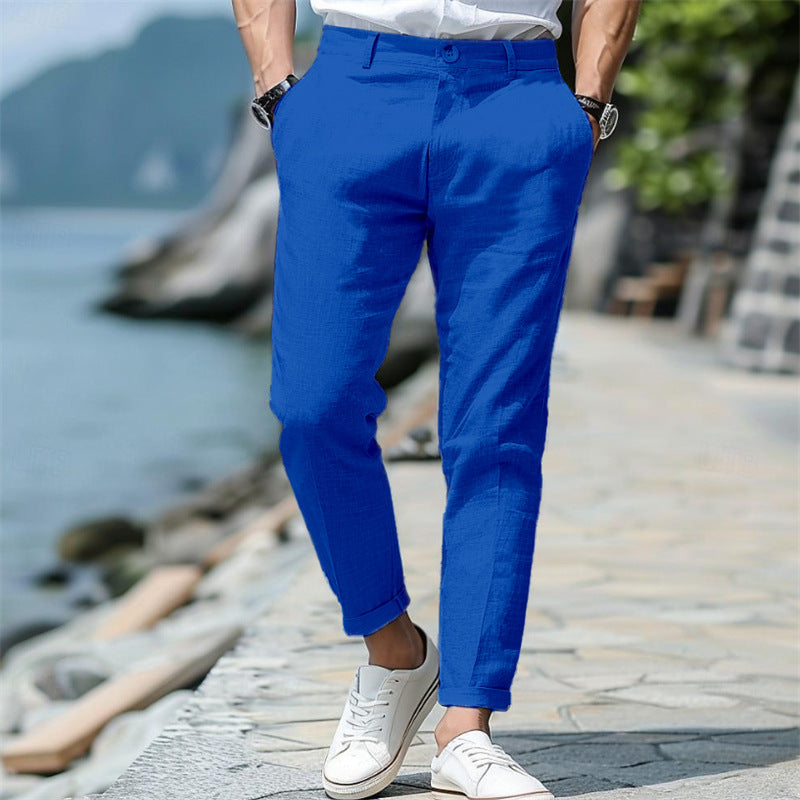 Men's Linen Summer Button Front Slant Pocket Straight-leg Trousers