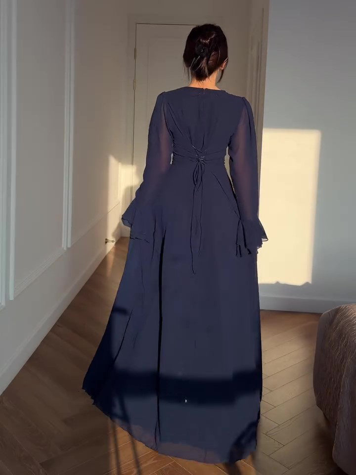 Navy Blue Trumpet Sleeve Tie Maxi Dress for women
