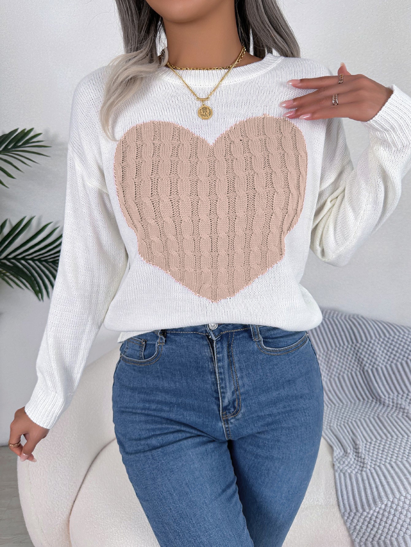 Women Cable Knit Heart Long Sleeve Pullover Sweater