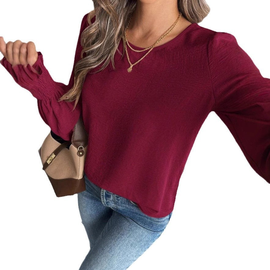 Casual Round Neck Solid Color Lantern Sleeve Shirt For Women
