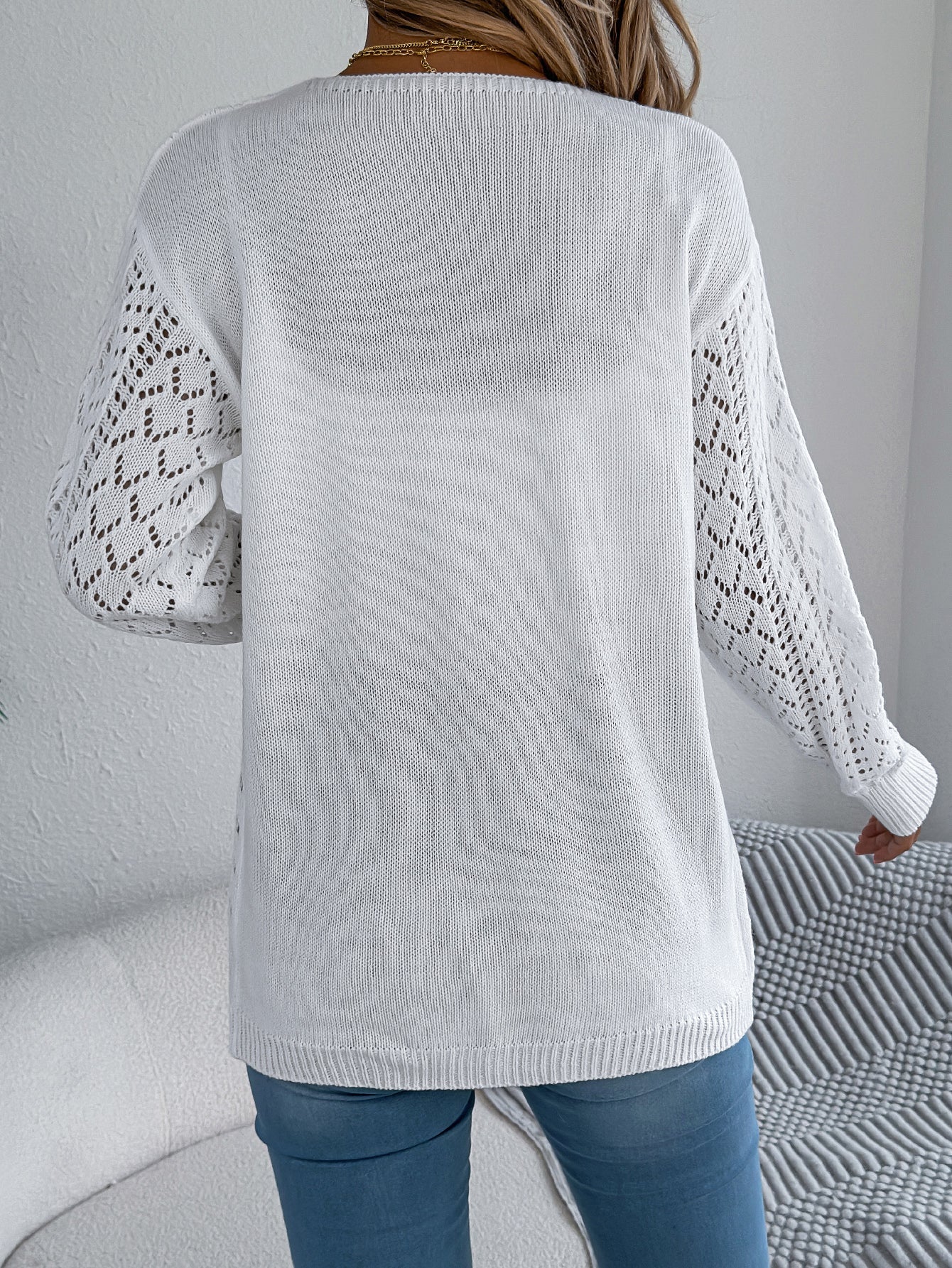 Women Hollow Out Lantern Sleeve Long Sleeve Cardigan Sweater Coat