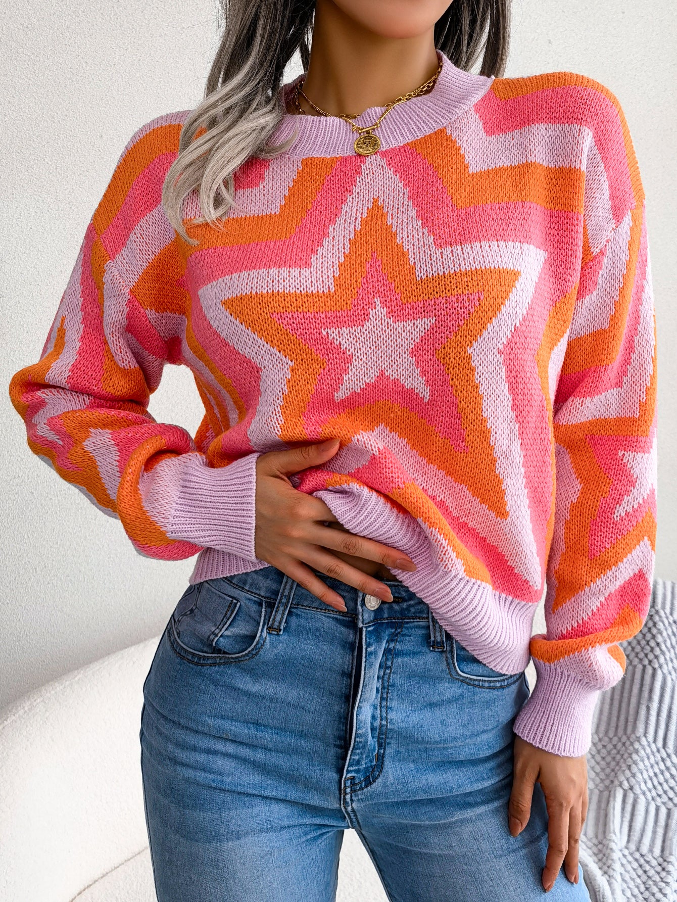 Women Fashion Color Block Star Long Sleeve Pullover Sweater