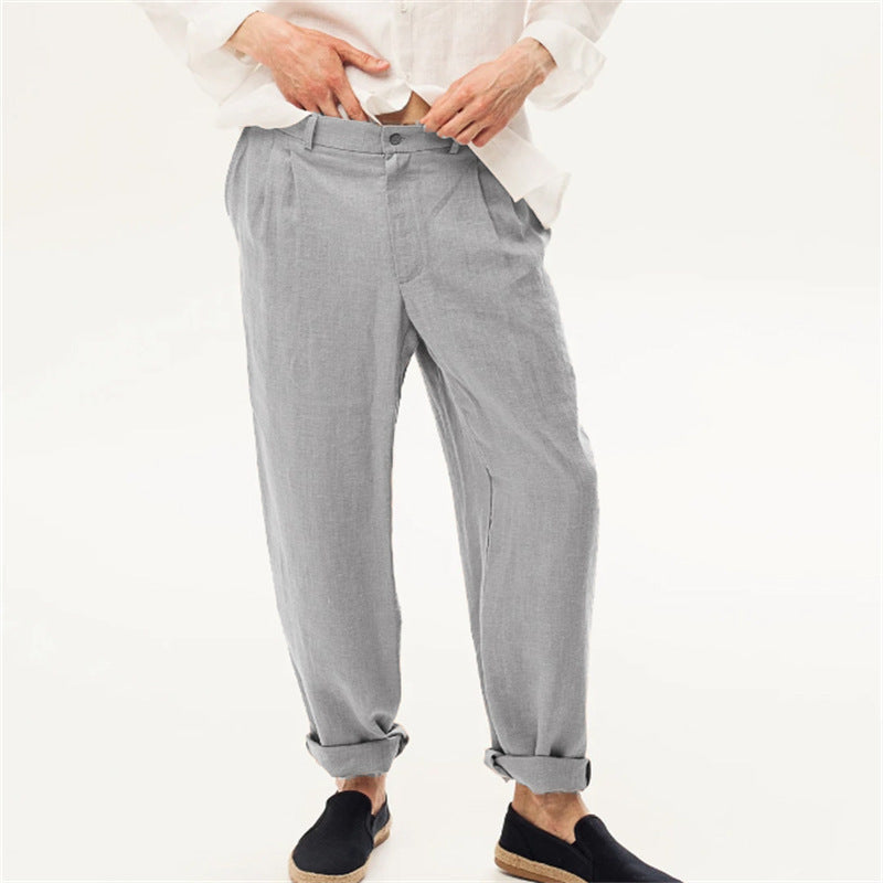 Linen Front Dart Diagonal Pocket Loose Straight Casual Breathable Trousers for men
