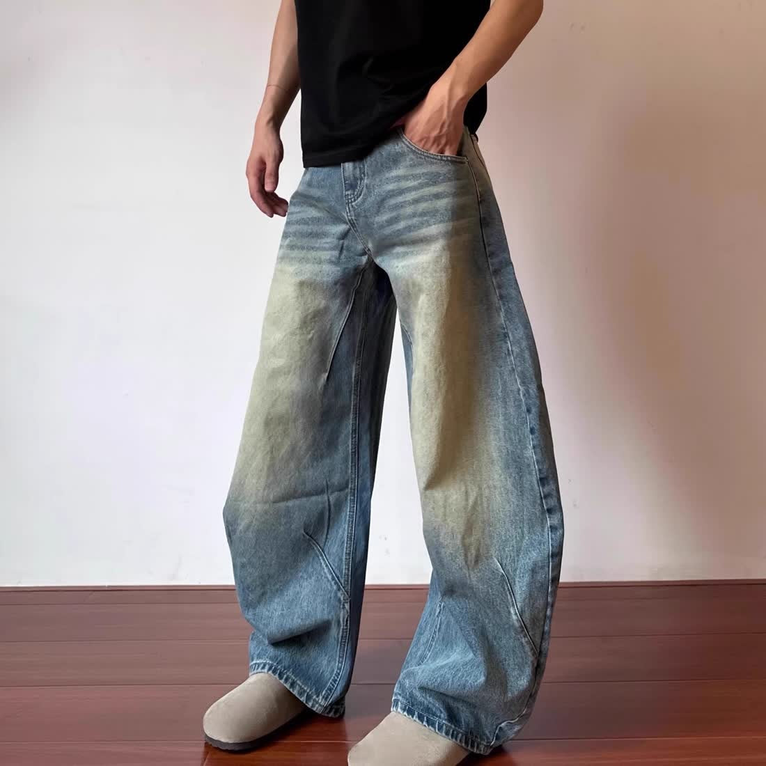 Retro Design Deconstructed Pleated Washed Blue Jeans for men