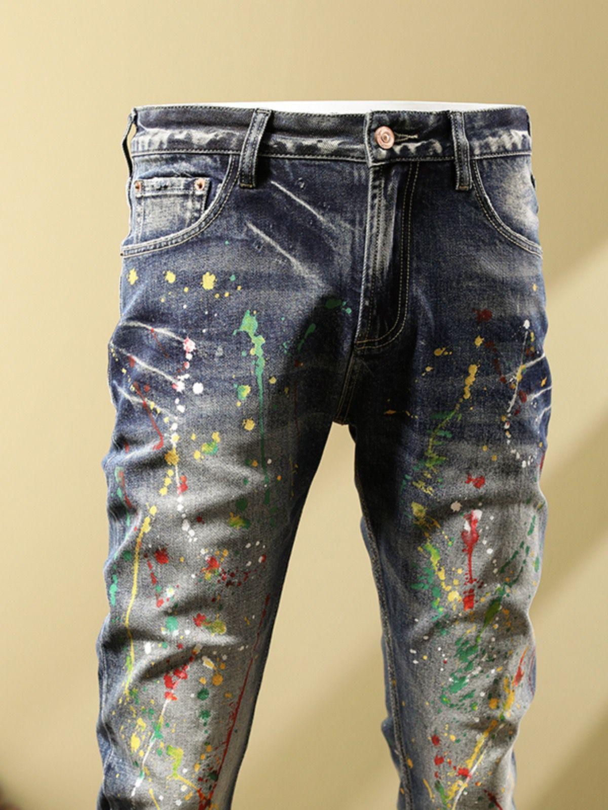 Personalized Fashion Jeans Men's Casual Slim Fit Skinny Retro Splash-ink Paint Trousers