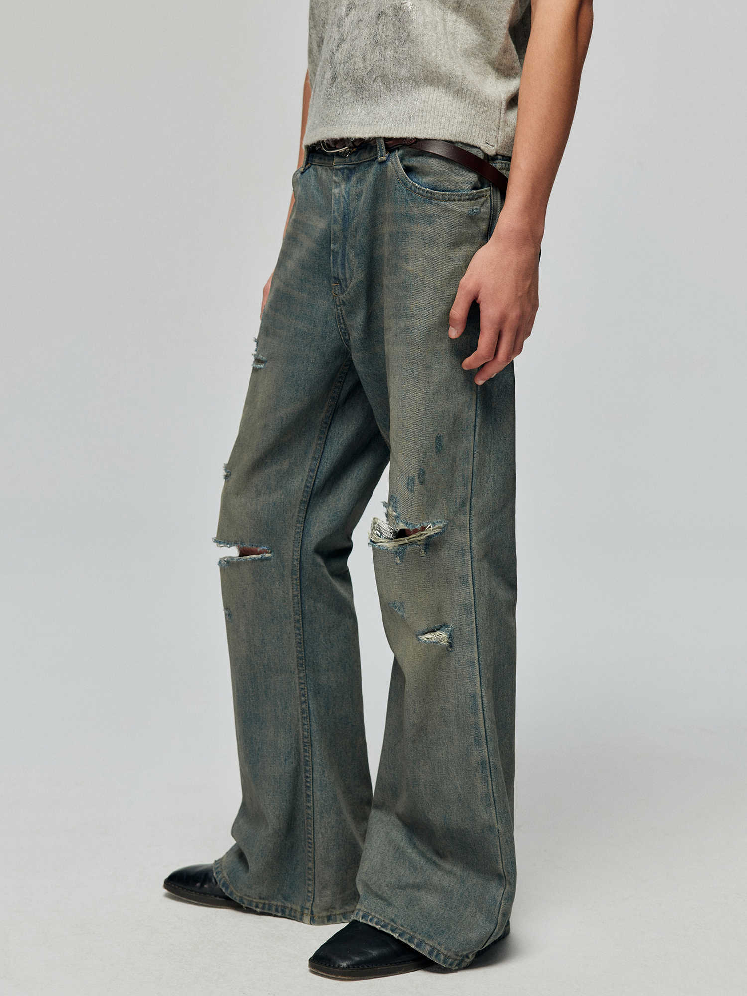 Cotton Retro Make Old Ripped Loose Micro-flared Trousers Jeans