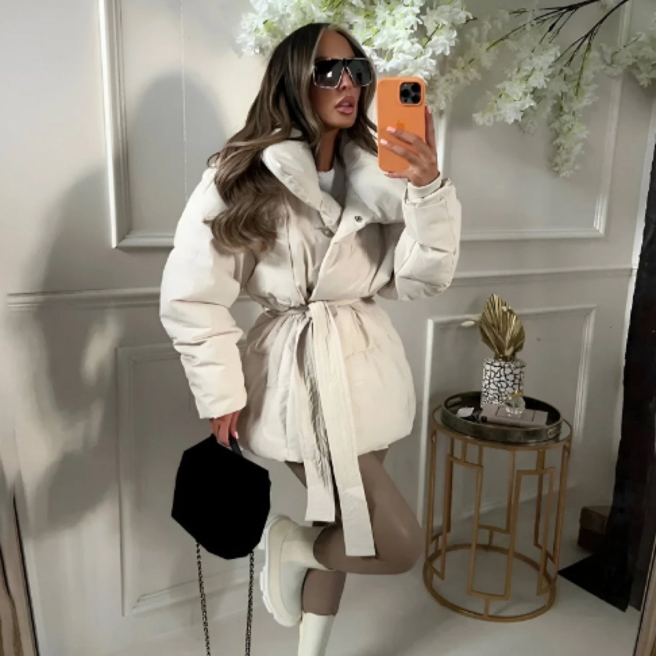 Winter Thickened Jacket Fashion Lapel Cotton Coat with Belt Warm Casual Top Outwear Women's Clothing