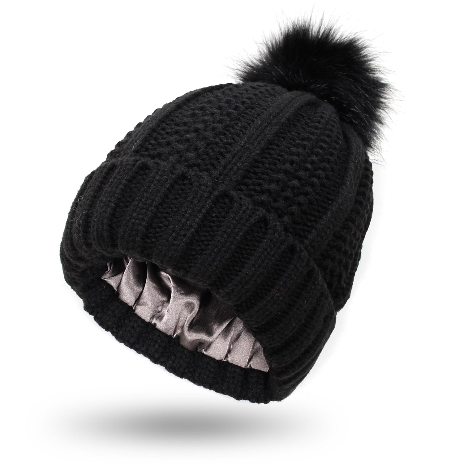 Winter Knitted Hats Fashion Stretchy Lined Skull Hats for Women Faux Fur Pompom Hat Keep Warming Beanie Hat