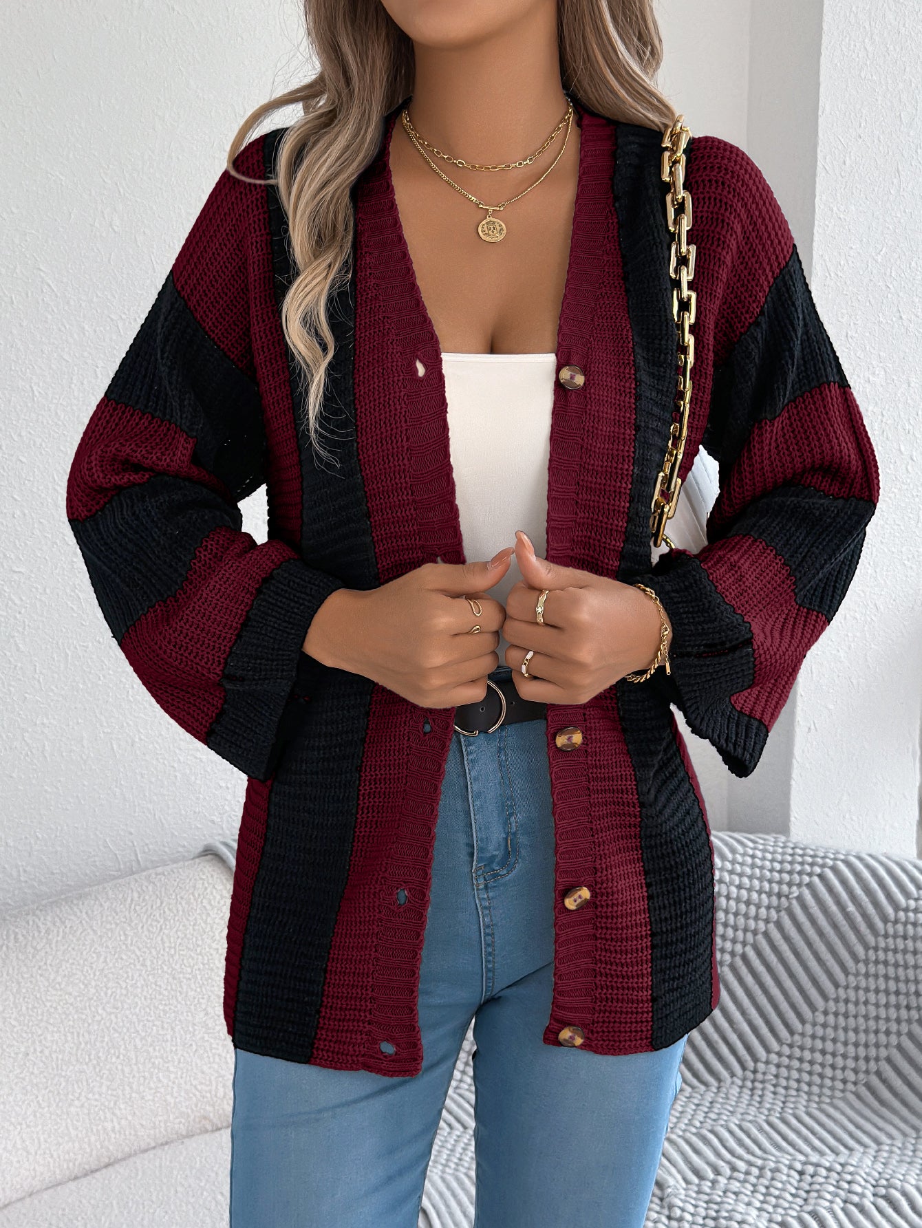 Women Color Block Stripe Bell Sleeve Long Sleeve Cardigan Sweater Coat