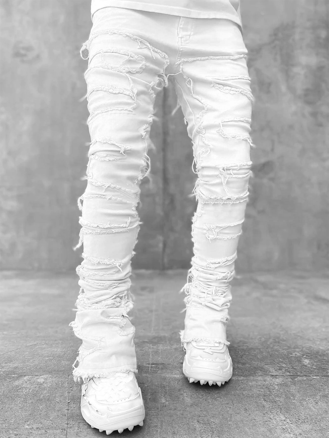Ins Fringes Ripped Trousers Individual Patched Pants Long Tight Fit Stacked Jeans for Men Clothing