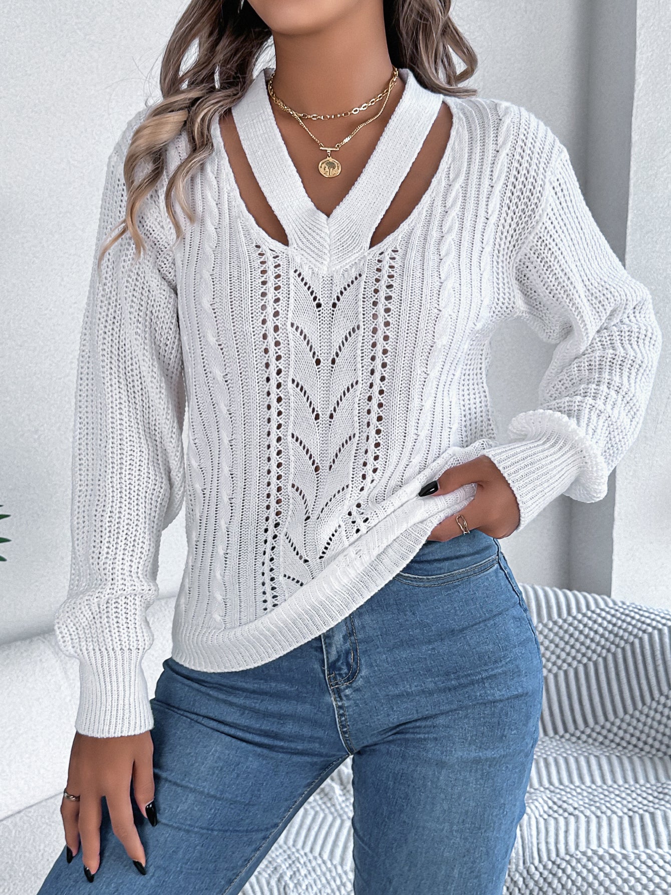 Women Casual Hollow Out V-Neck Cable Knit Lantern Sleeve Pullover Sweater