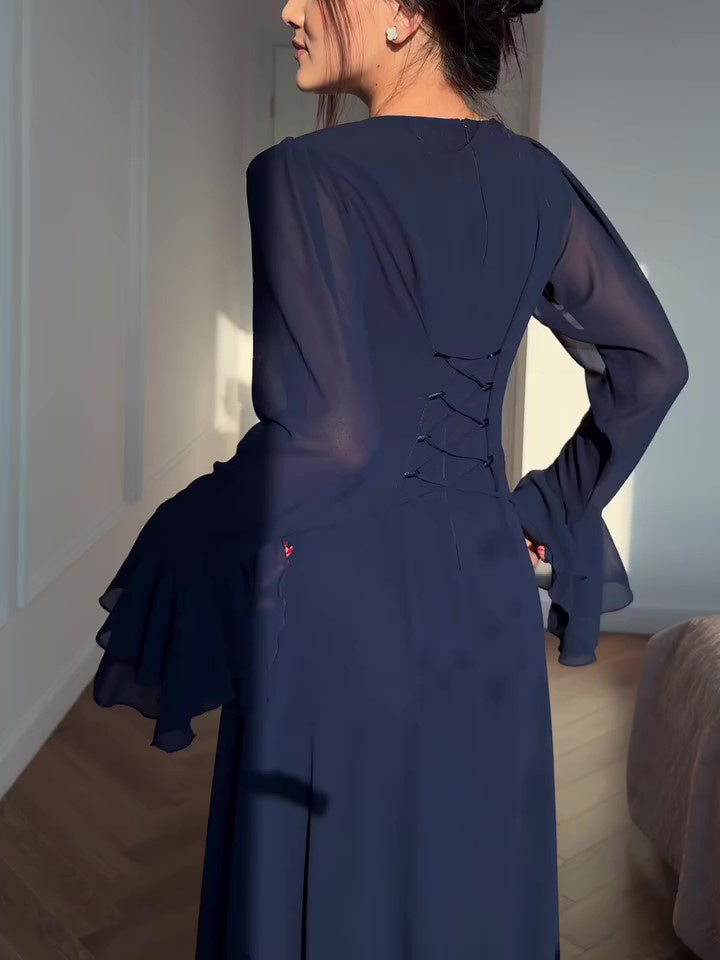 Navy Blue Trumpet Sleeve Tie Maxi Dress for women