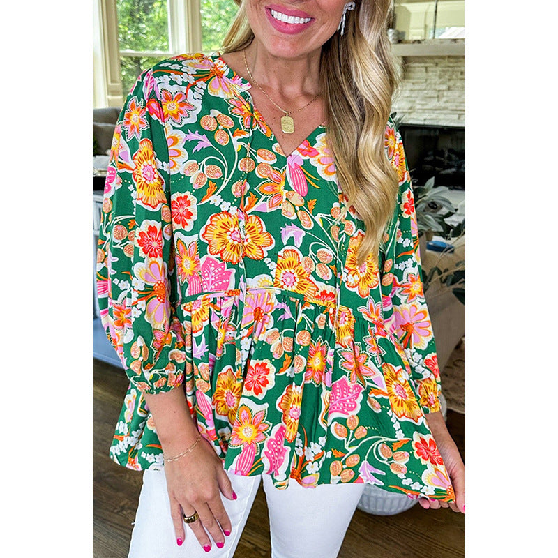 Loose Slim Fit V-neck Spring Floral Print Pullover Top