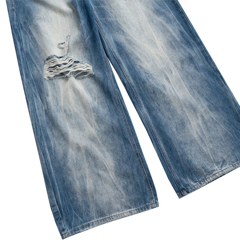Wide Leg Brushed White Ripped Washed Distressed Frayed Blue Jeans