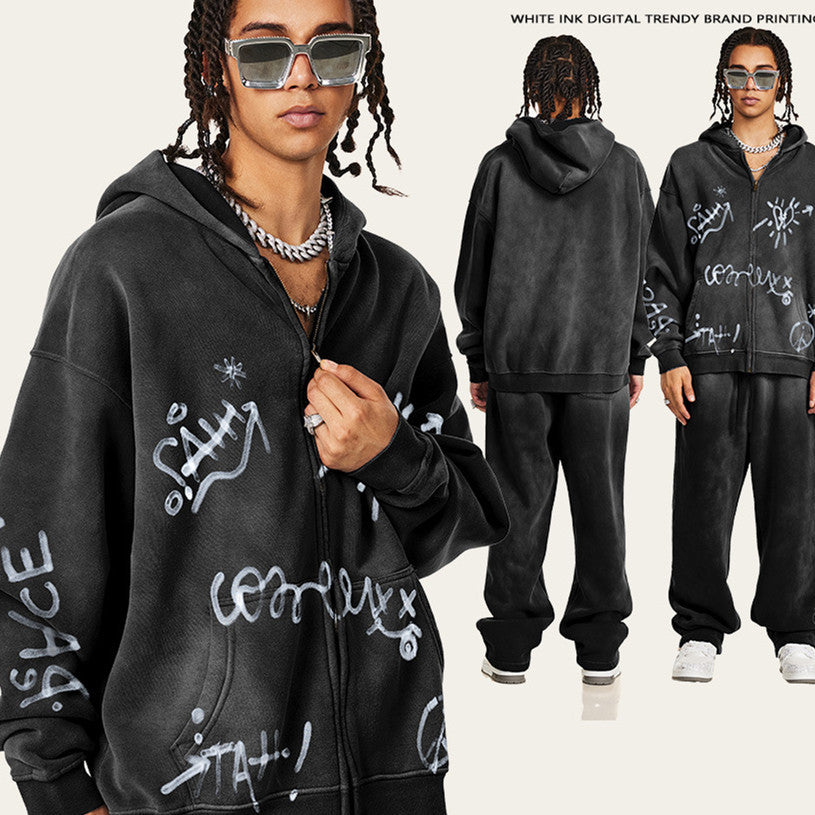 Retro High-grade Graffiti Long-sleeved Knitted Cardigan