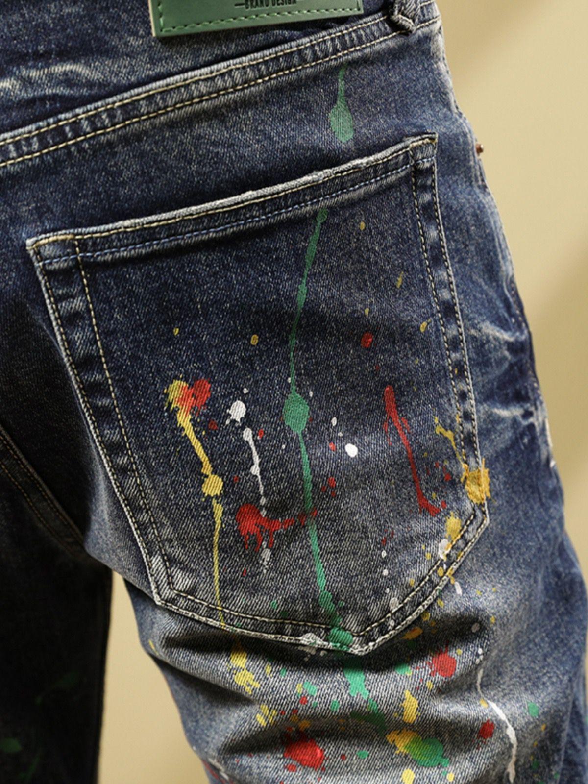Personalized Fashion Jeans Men's Casual Slim Fit Skinny Retro Splash-ink Paint Trousers