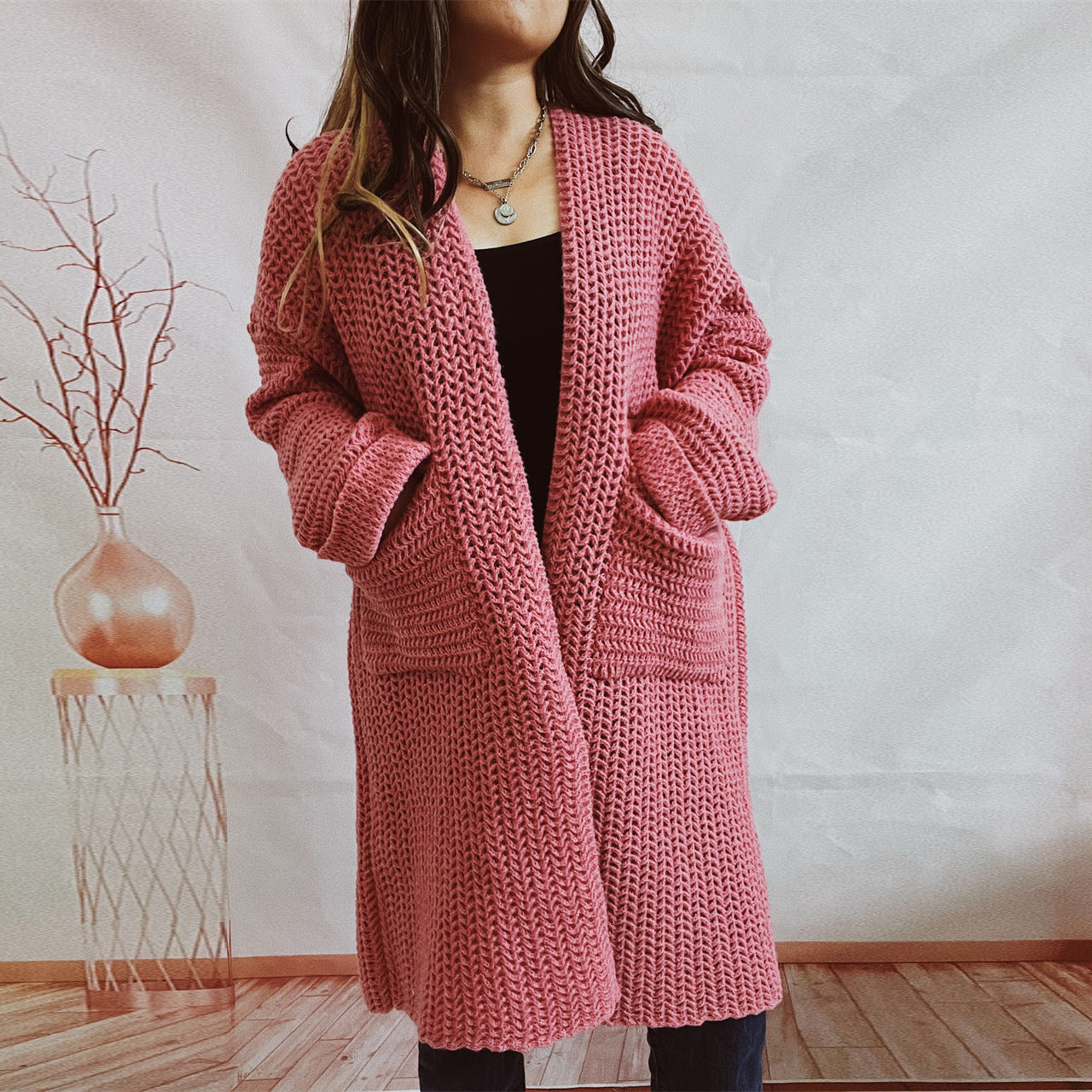 Loose-fitting Solid-color Thickened Knit Cardigan Sweater Jacket