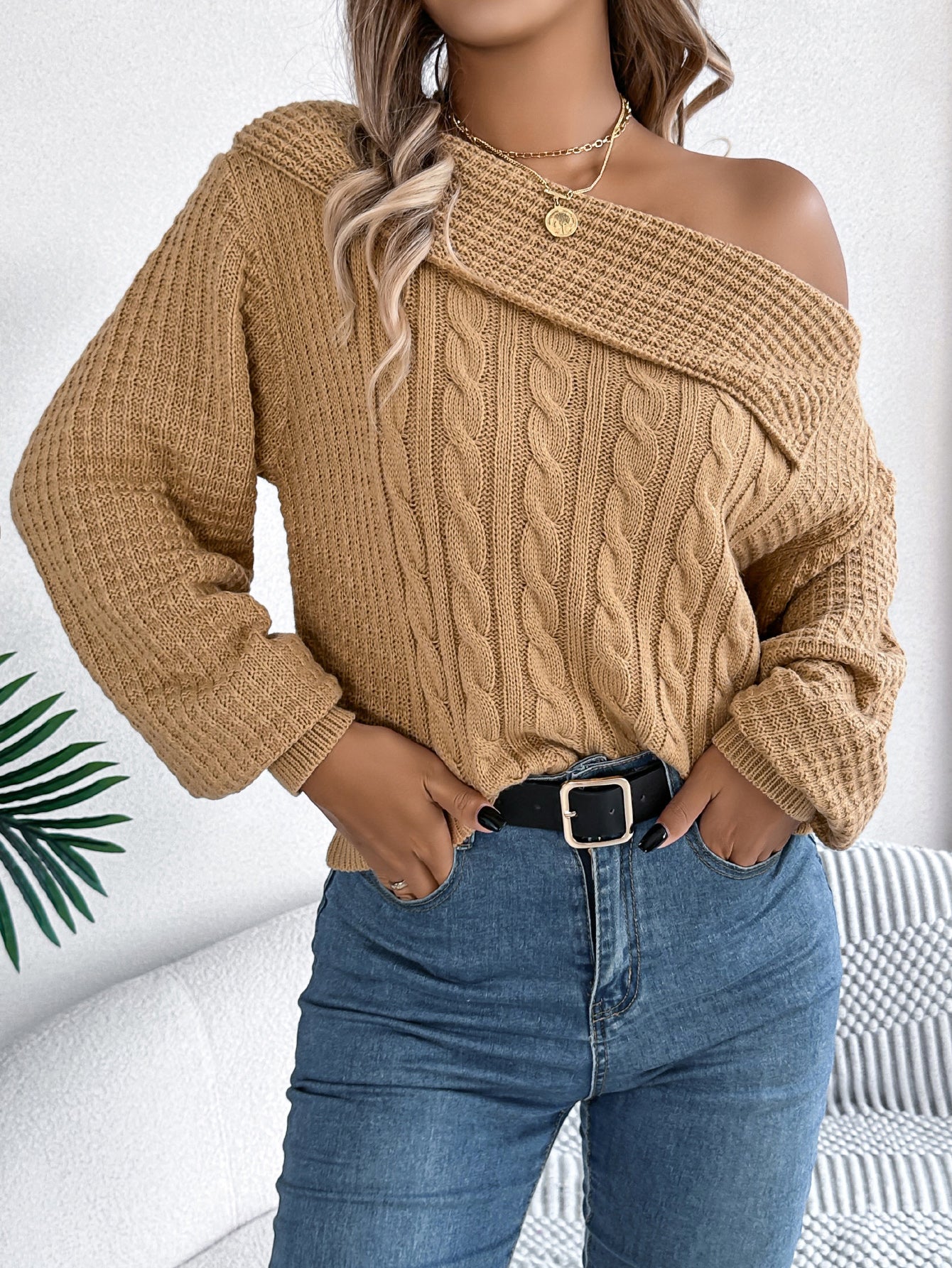 Women Casual Sexy Lapel Off-Shoulder Cable Knit Long Sleeve Pullover Sweater