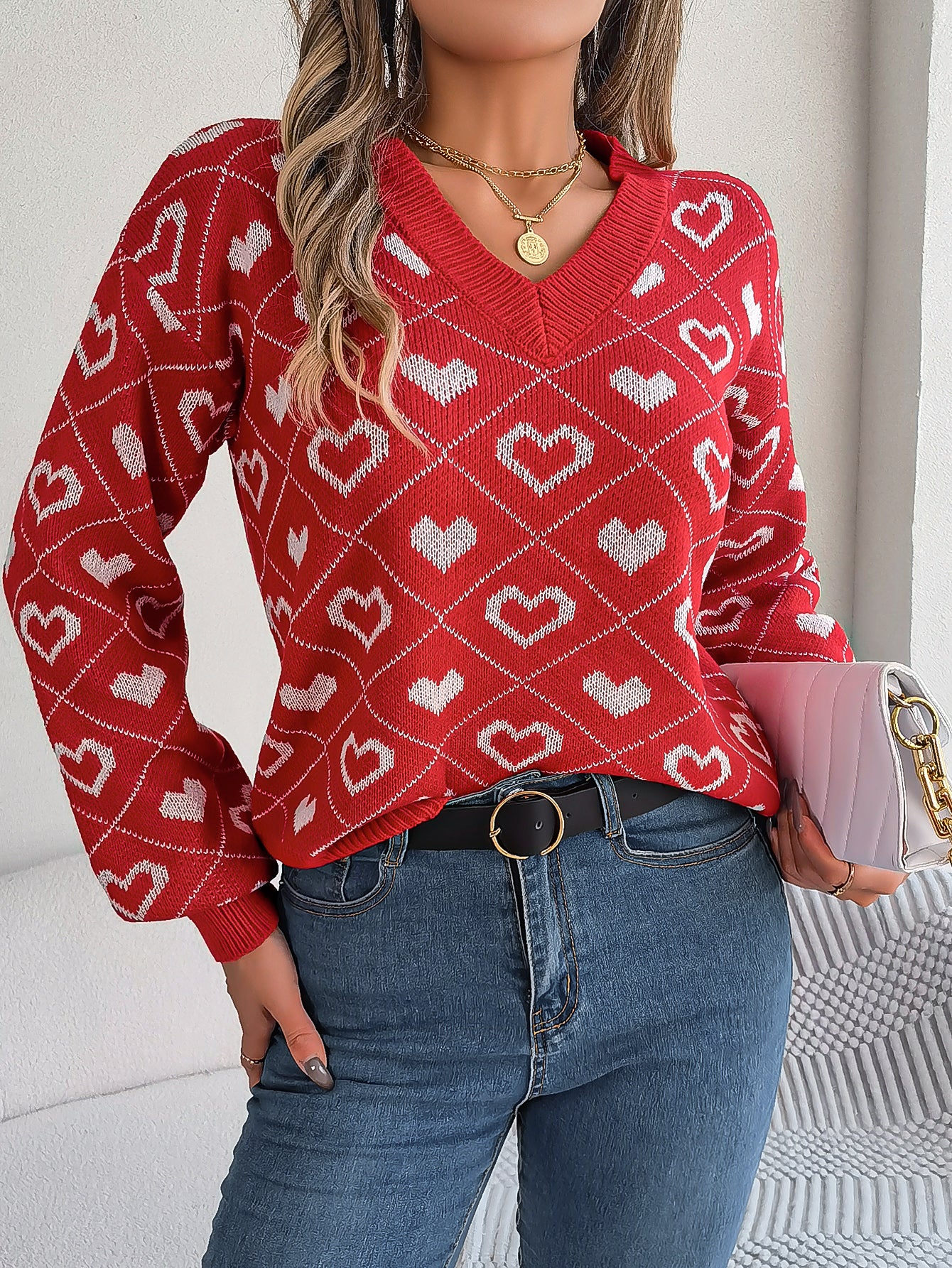 Women Sweet Color Block Heart Lantern Sleeve Pullover Sweater