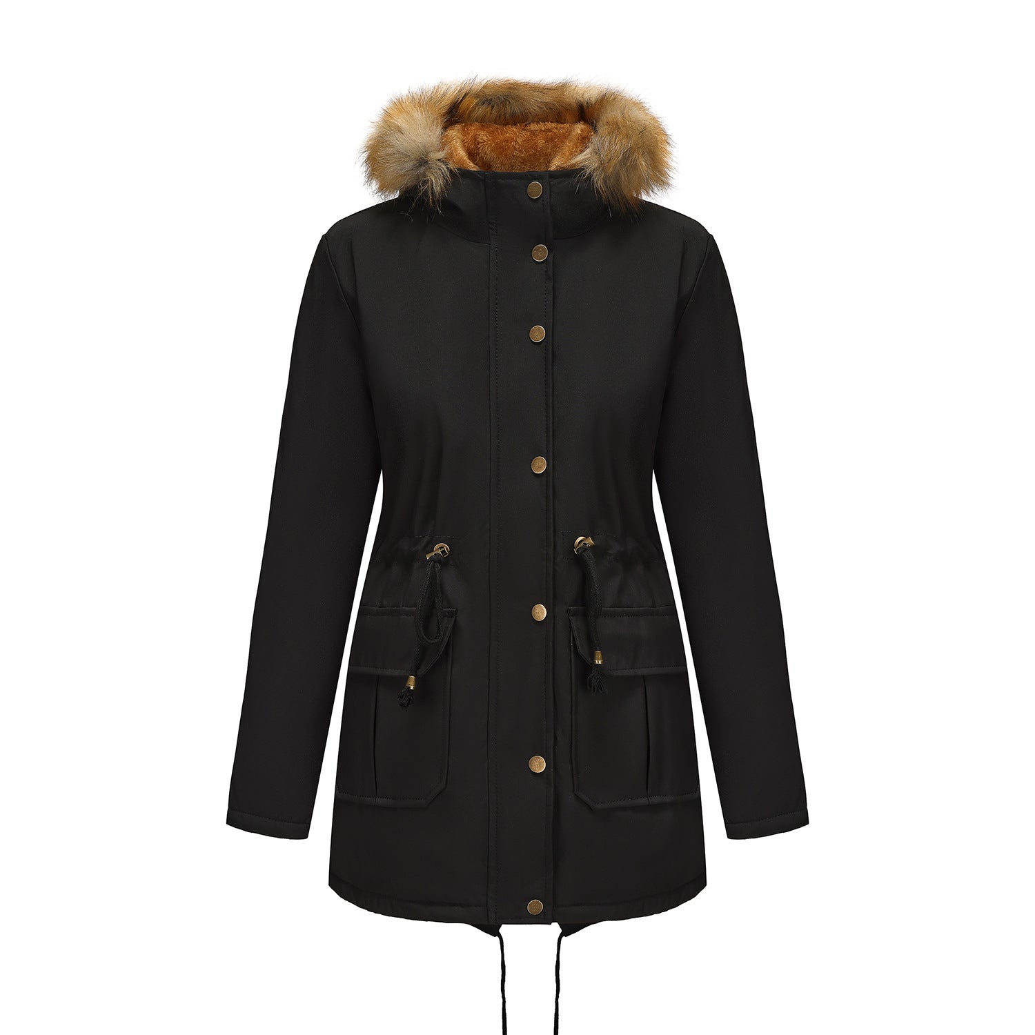 Hooded Women's Mid-Length Padded Coat with Fur Collar and Defined Waist