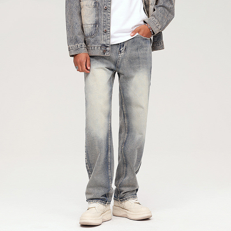 Simple Japanese-style Retro Pants Western Denim Wind Washed Distressed Loose Men's Straight-leg Pants