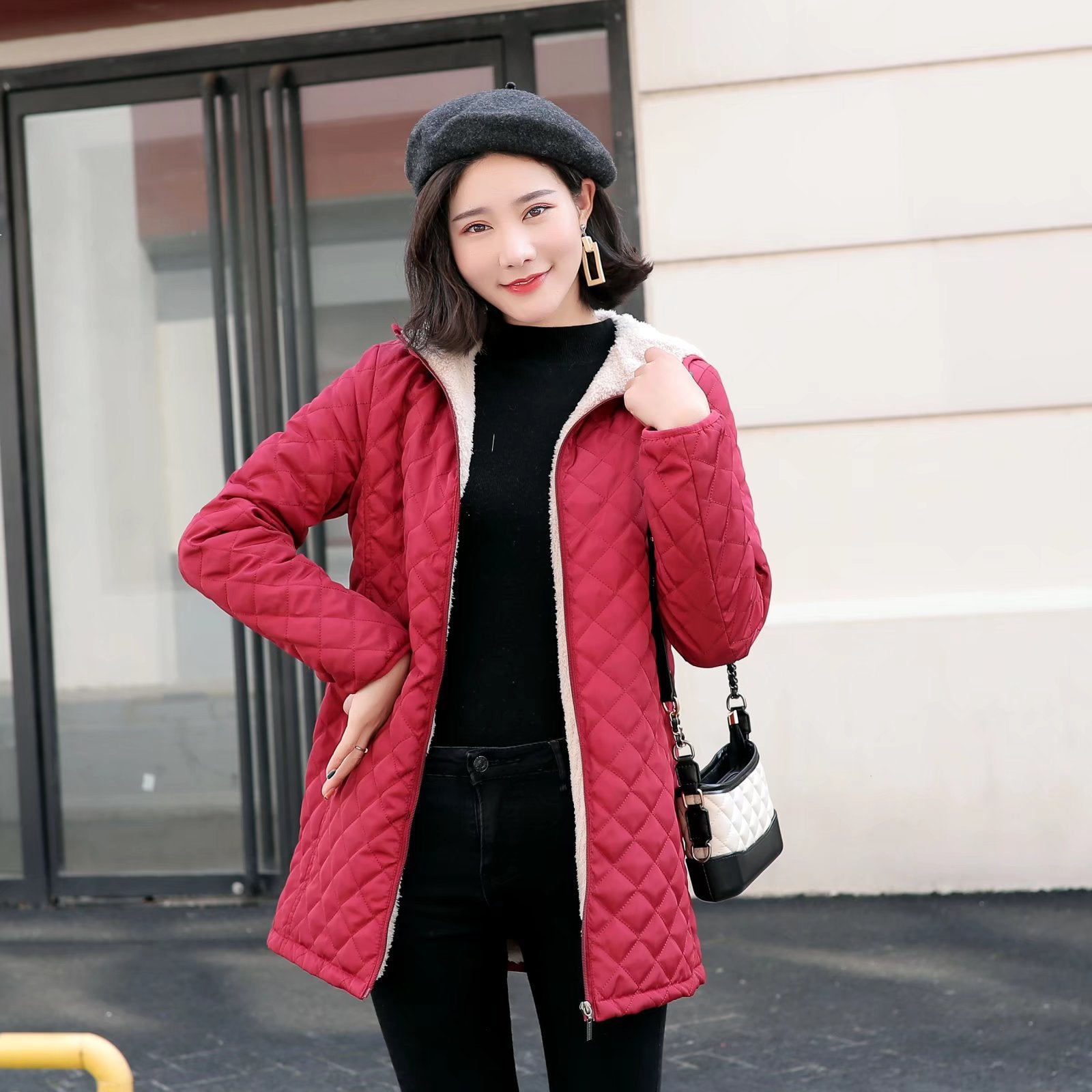 Plus-size Fleece-lined Padded Lambswool Puffer Jacket for women