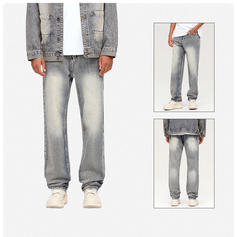Simple Japanese-style Retro Pants Western Denim Wind Washed Distressed Loose Men's Straight-leg Pants