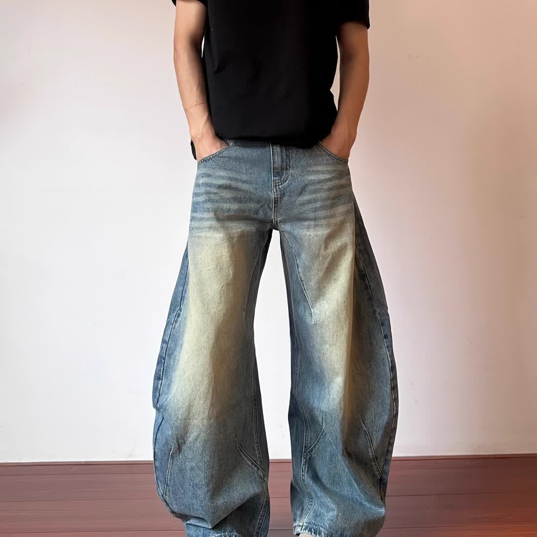 Retro Design Deconstructed Pleated Washed Blue Jeans for men